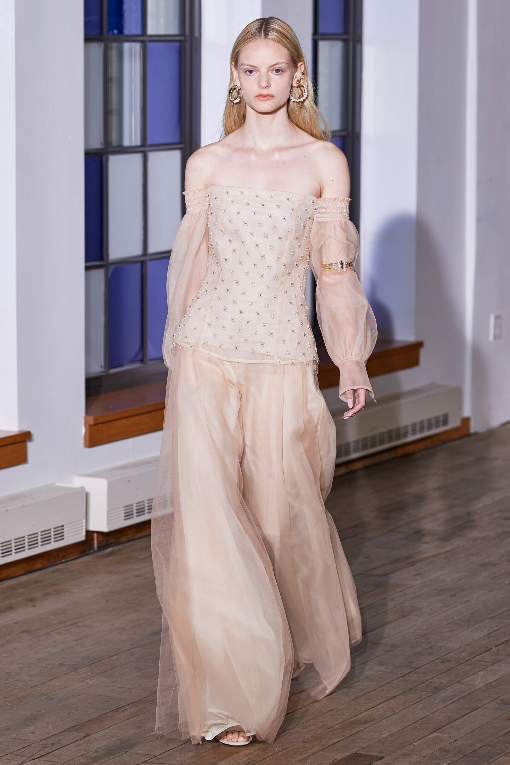 beige silk off-shoulder long-sleeve fitted embroidered sheer top