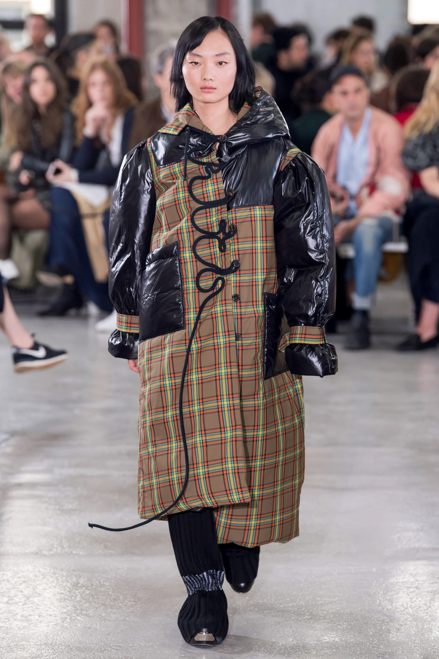 brown and black checked coat