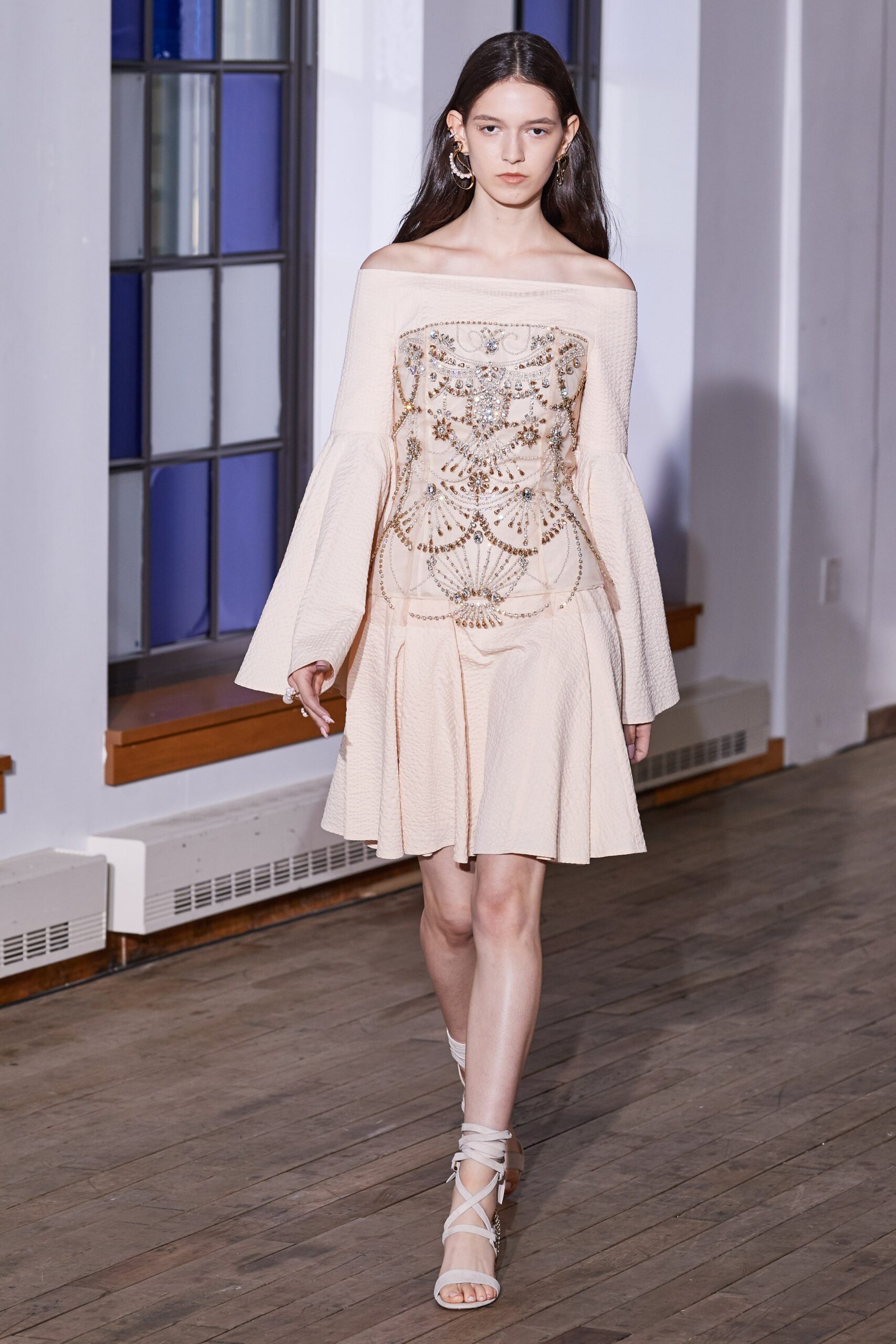 beige off-shoulder pleated dress