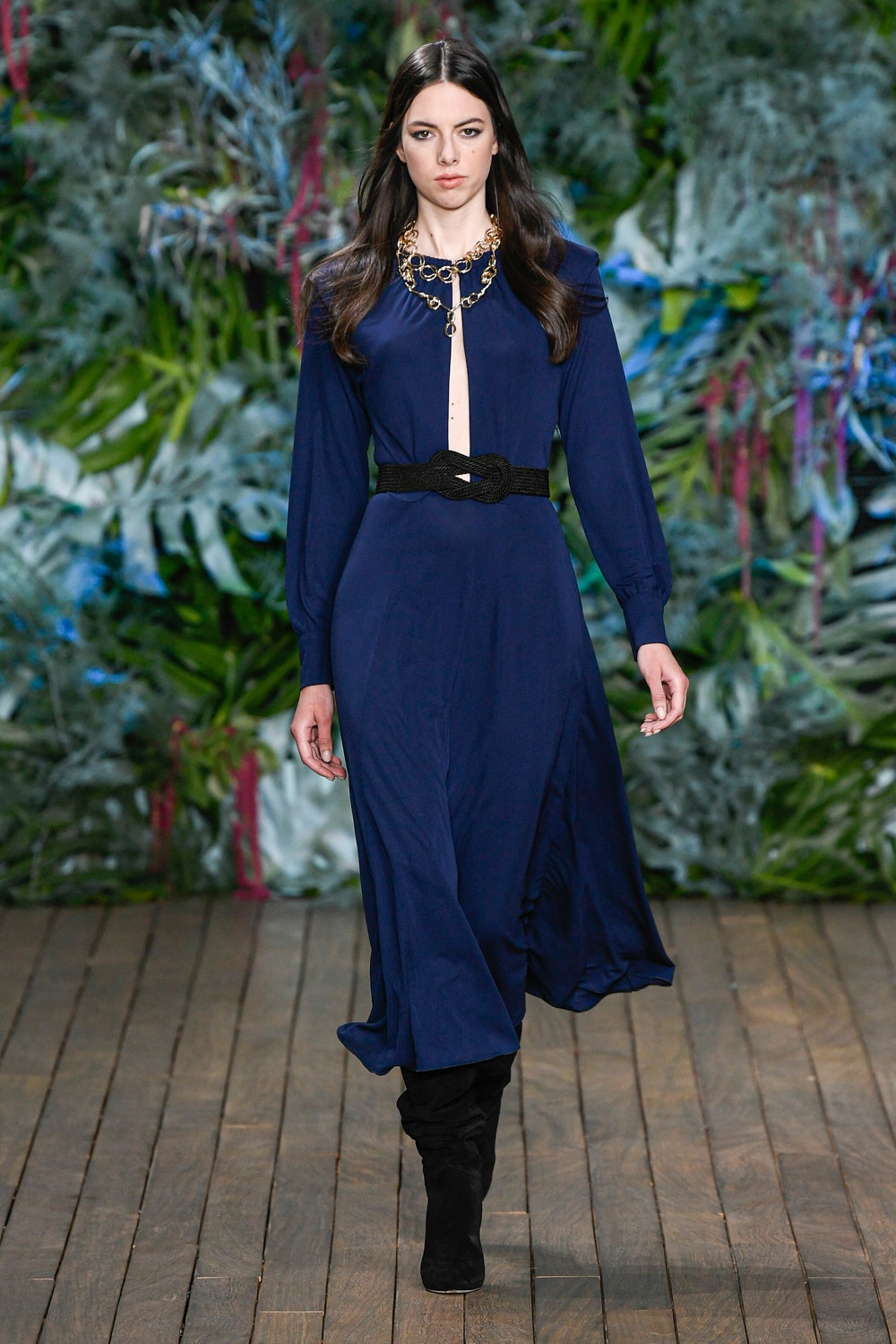 blue silk long-sleeve dress