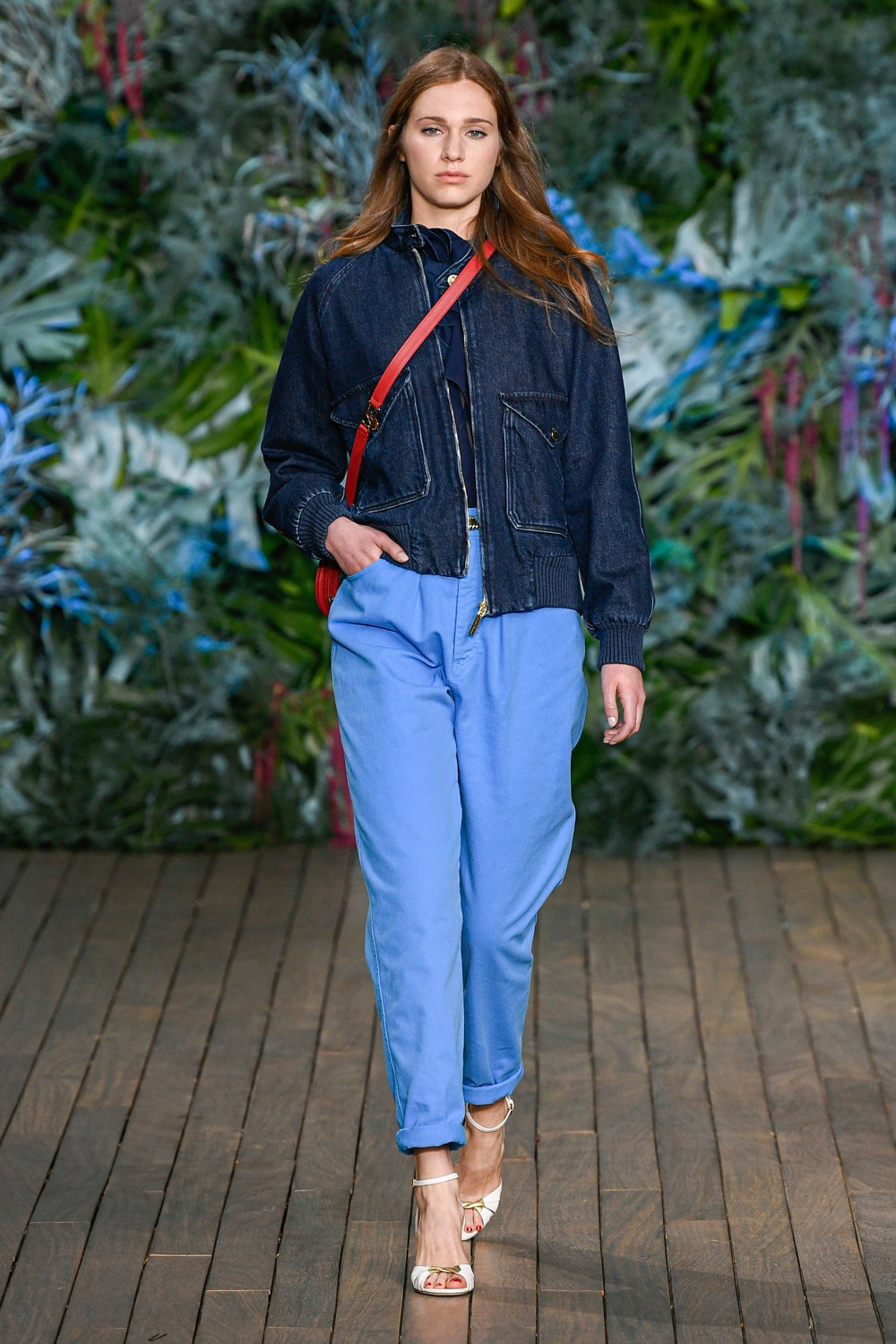 blue denim jacket with relaxed pants