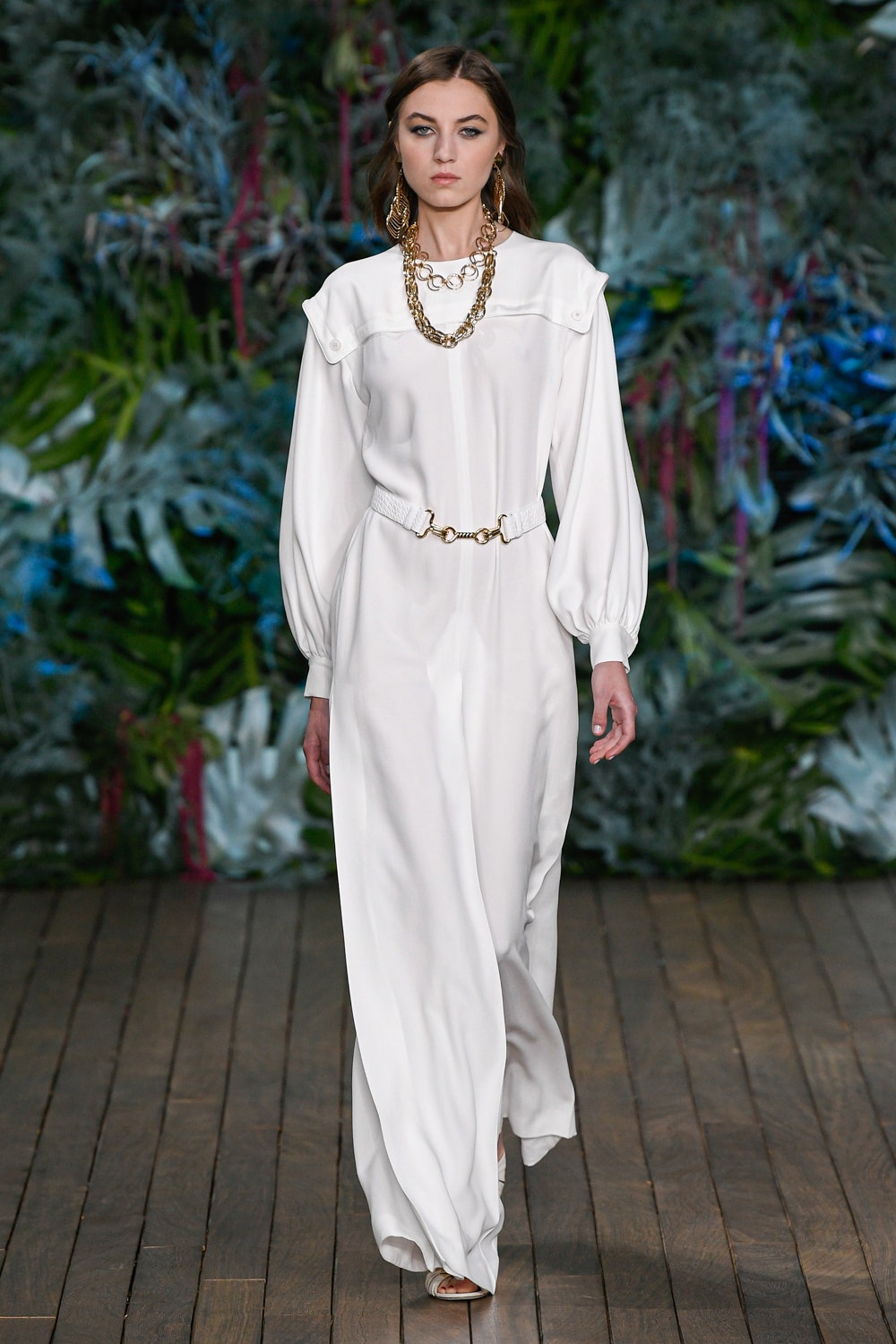 white silk long-sleeve belted dress