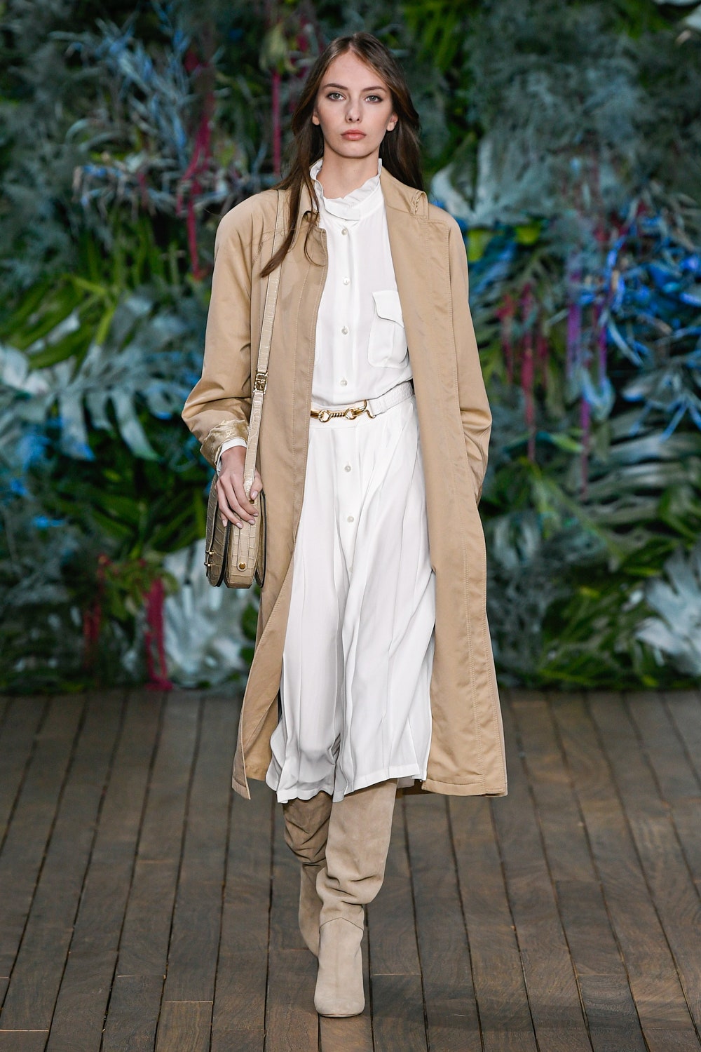 beige coat over white dress