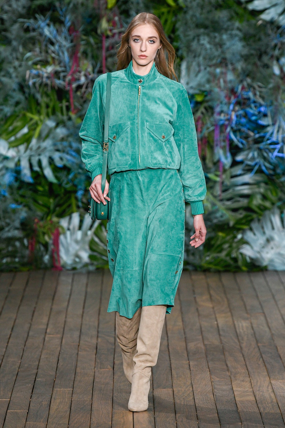 green suede midi dress with jacket