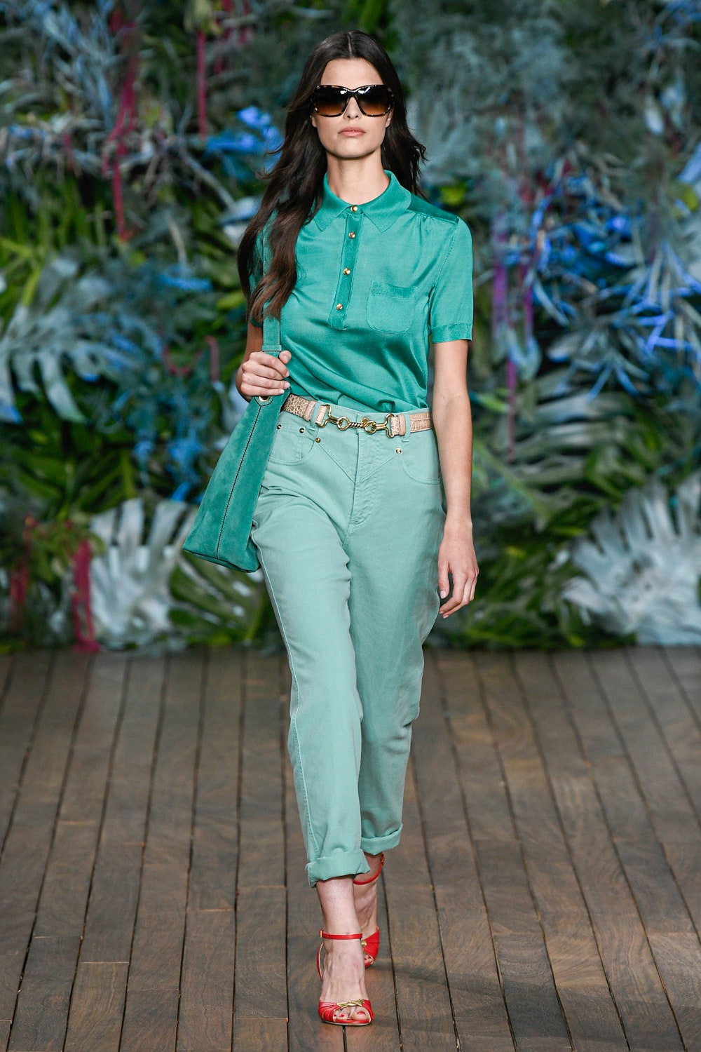 teal silk shirt with relaxed pants