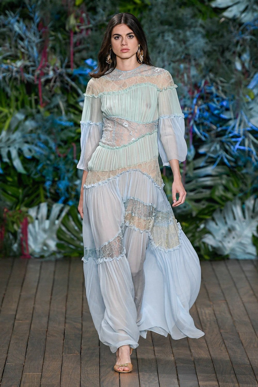 blue and white pleated maxi dress