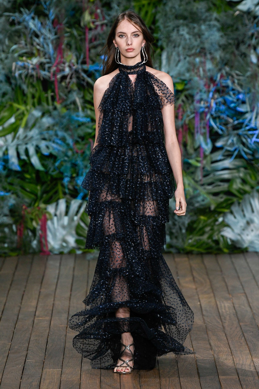 black sheer tiered gown