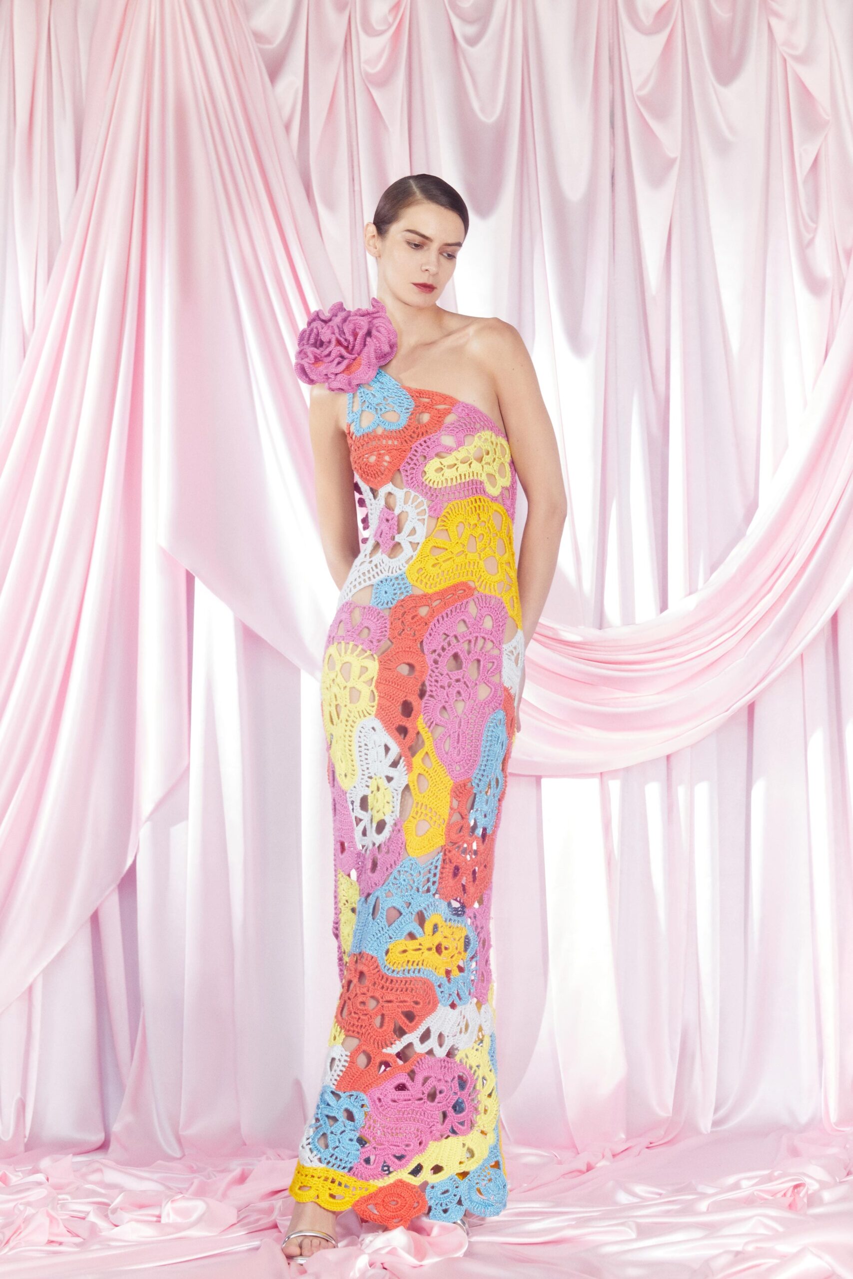 colorful crochet off-shoulder gown
