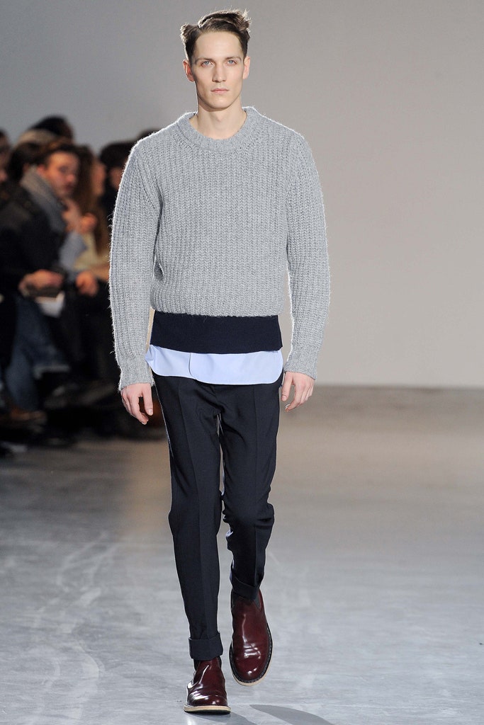gray wool sweater with black pants
