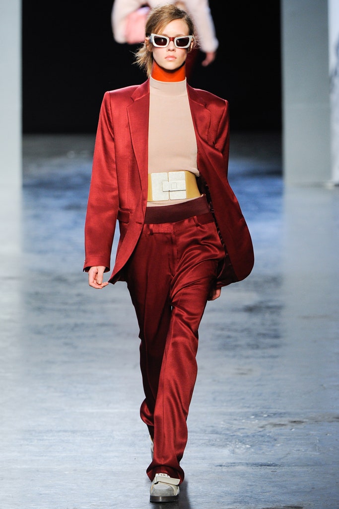 red satin long-sleeve collared fitted buttoned shiny suit