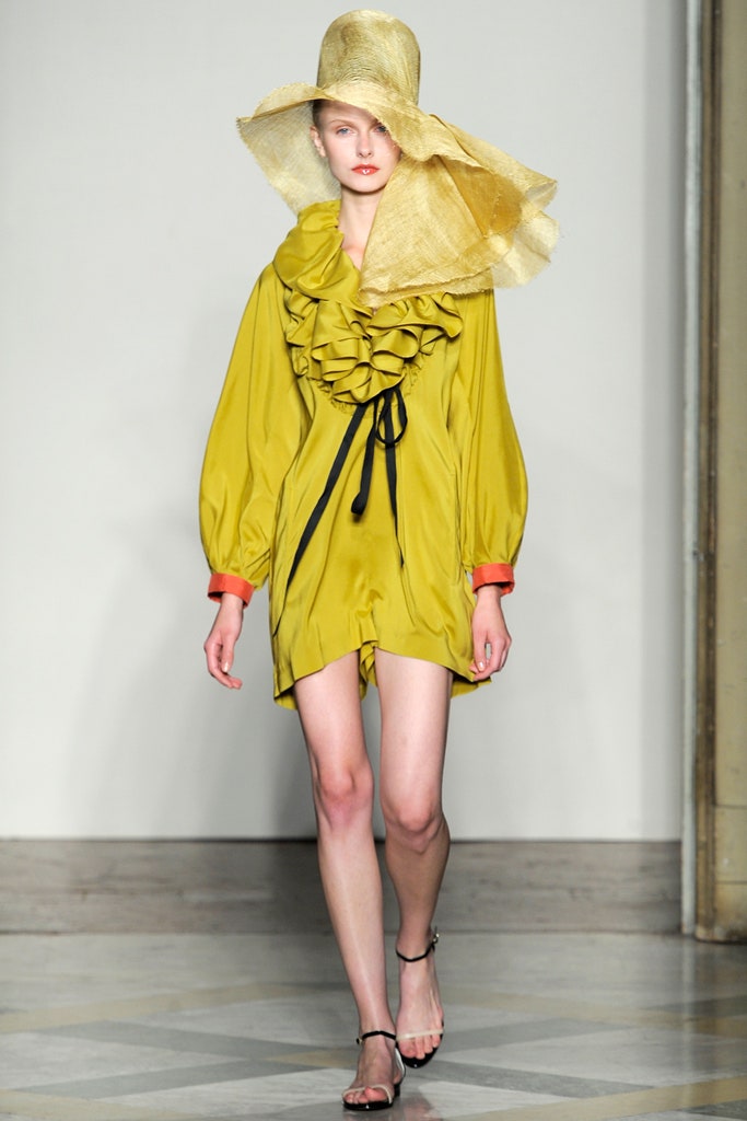 yellow silk long-sleeve collared relaxed ruffled belted dress