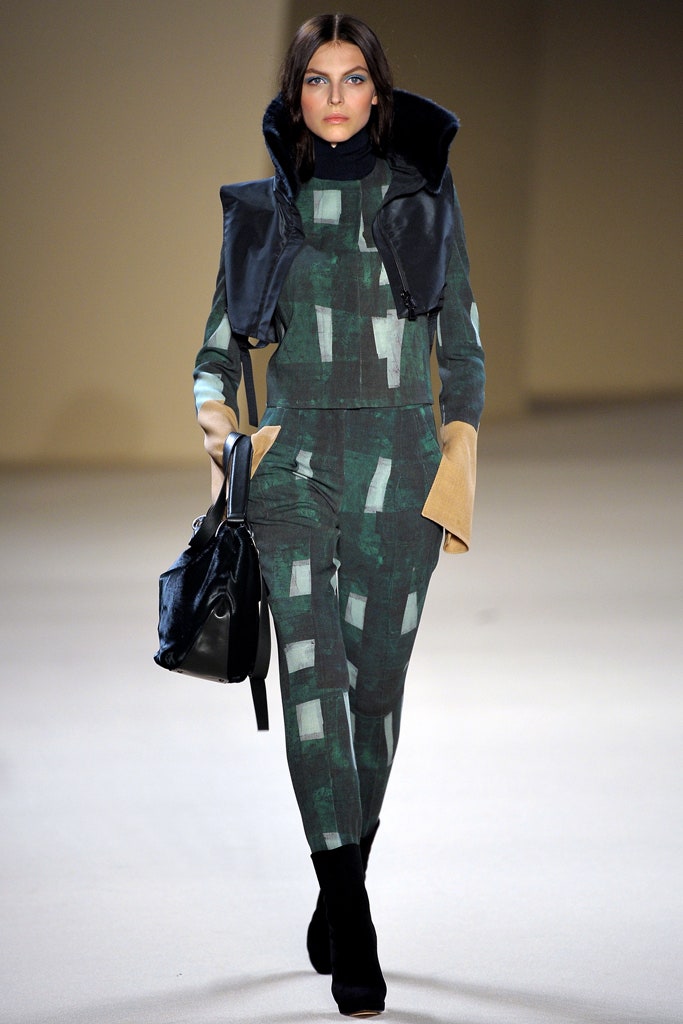 green cotton long-sleeve high-neck fitted printed jumpsuit