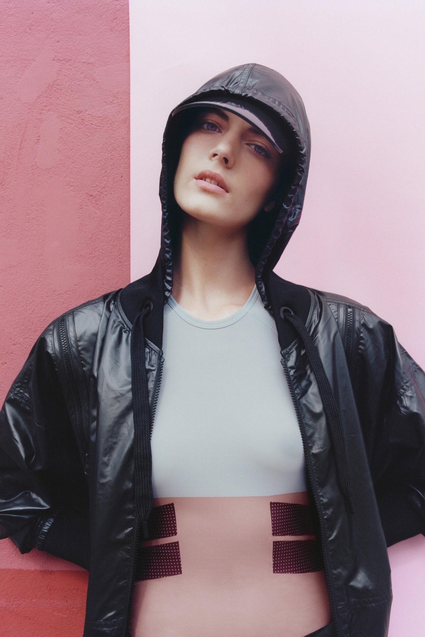 black vinyl hoodie with neoprene tops