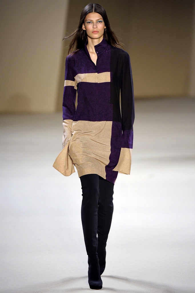 purple silk long-sleeve collared fitted color-blocked mini dress