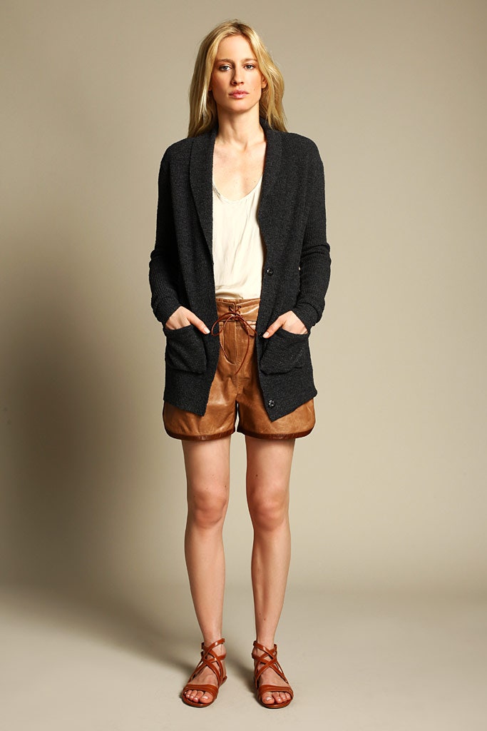 black cardigan brown leather shorts