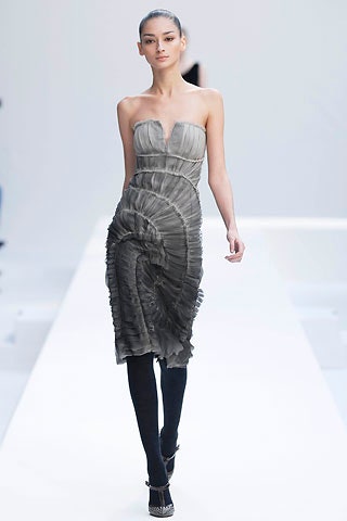 gray silk strapless pleated dress