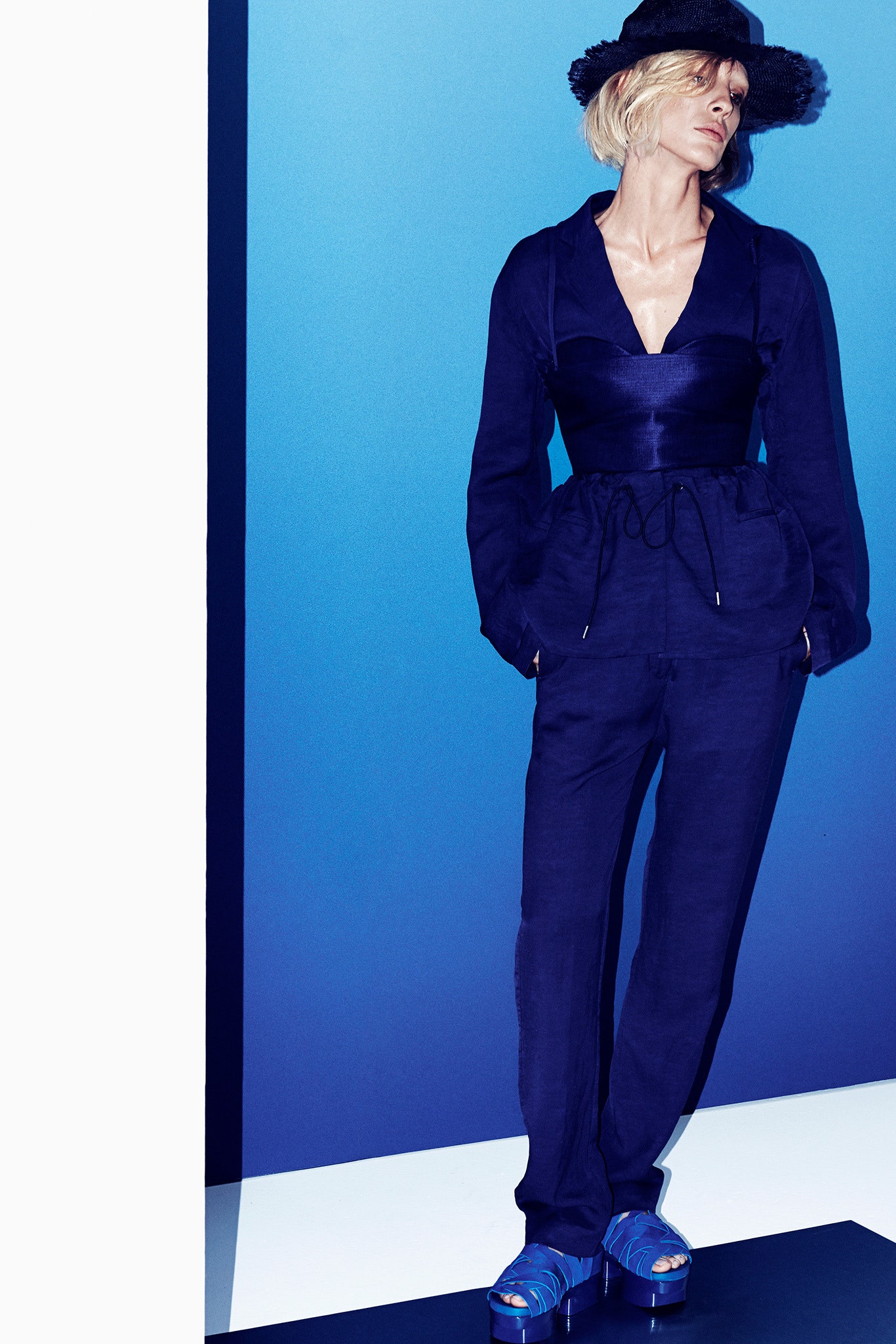 blue silk long-sleeve v-neck fitted flared jacket