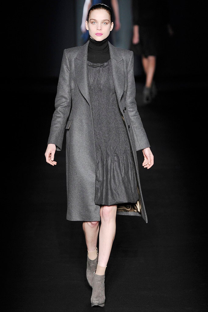 gray wool tailored coat and black midi dress