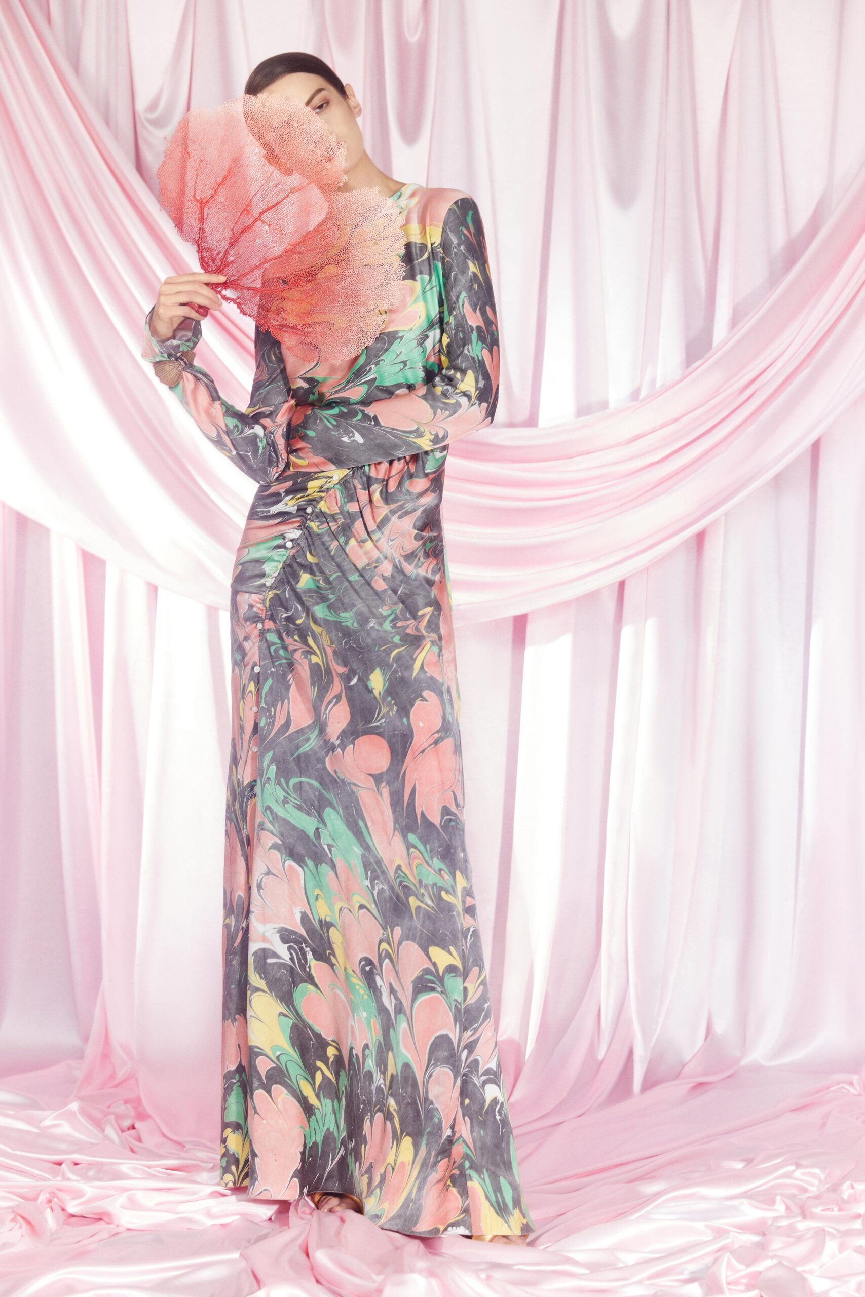 multi-colored silk fitted gown