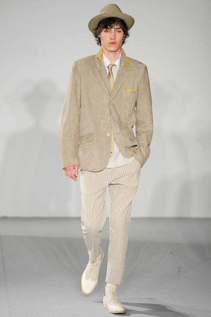 beige suede blazer with striped pants