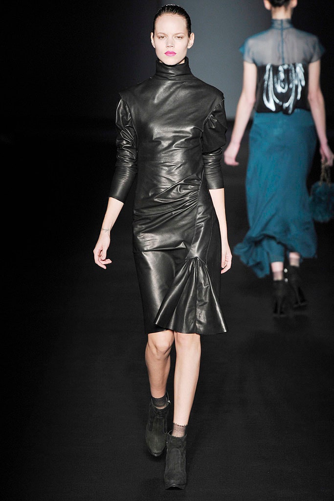 fitted black leather midi dress