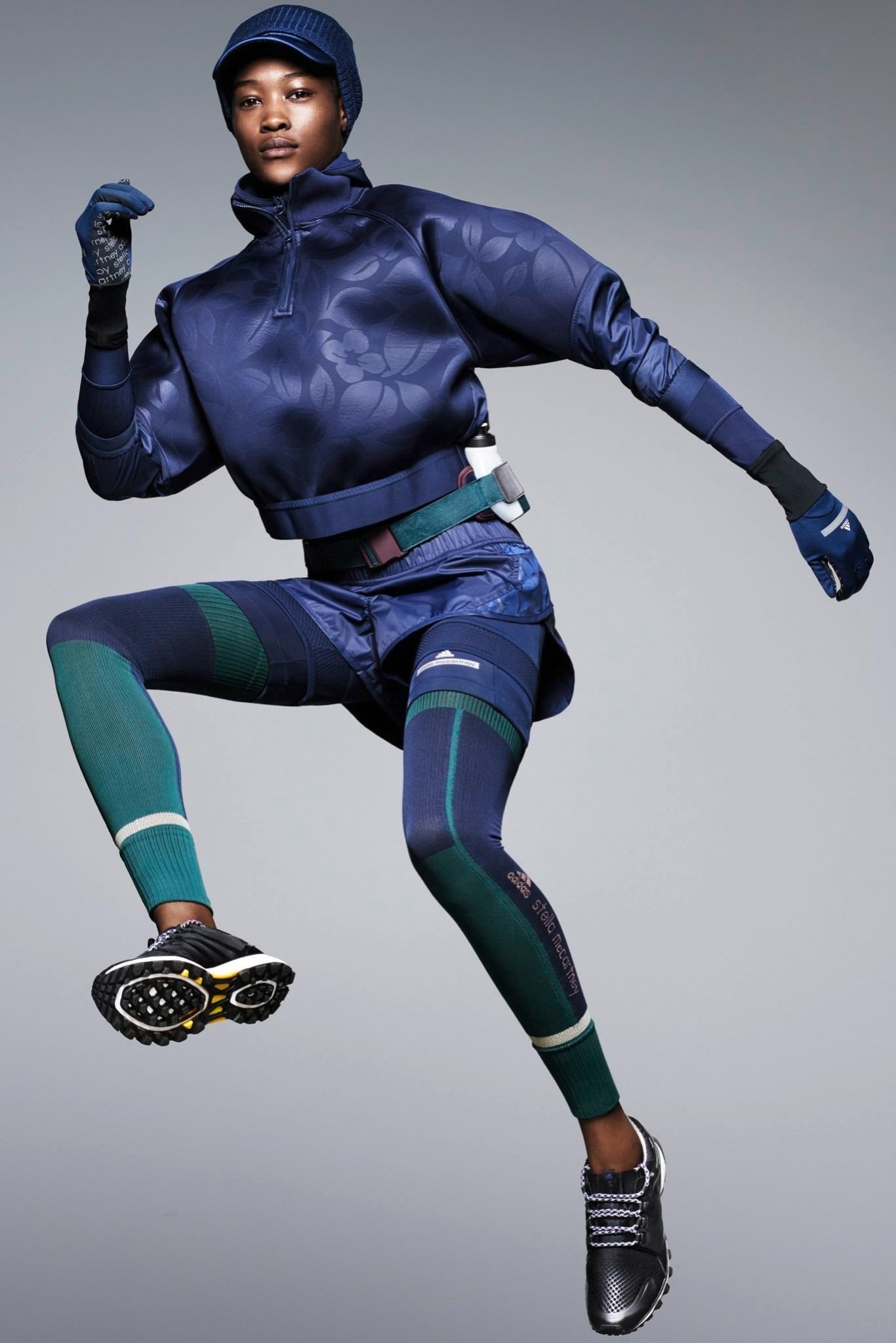 blue cotton long-sleeve high-neck fitted printed hoodie