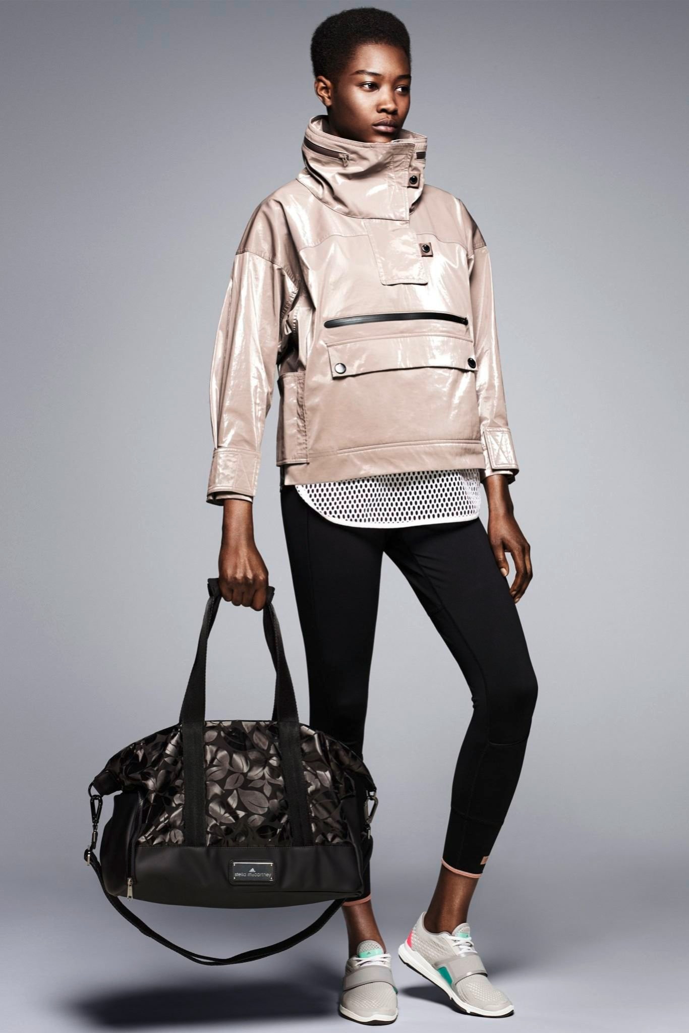 beige vinyl long-sleeve hooded relaxed zippered shiny jacket