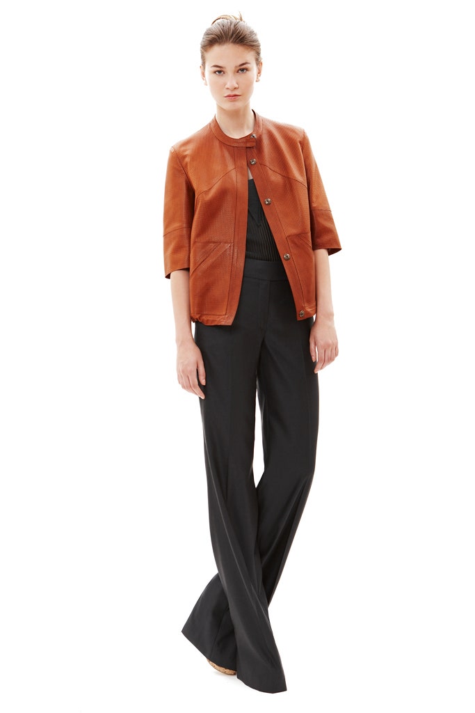 brown leather short-sleeve collared fitted buttoned jacket