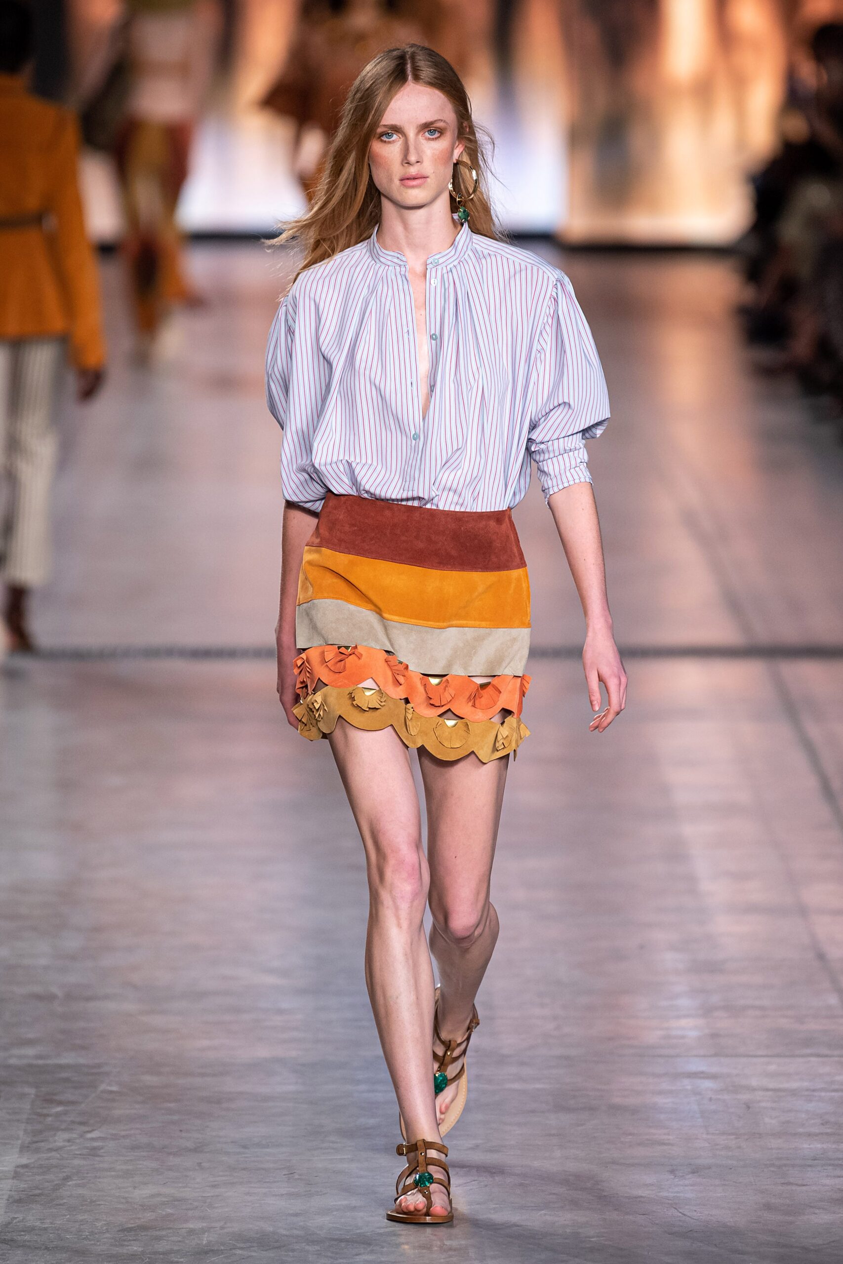 relaxed striped shirt and tiered mini skirt