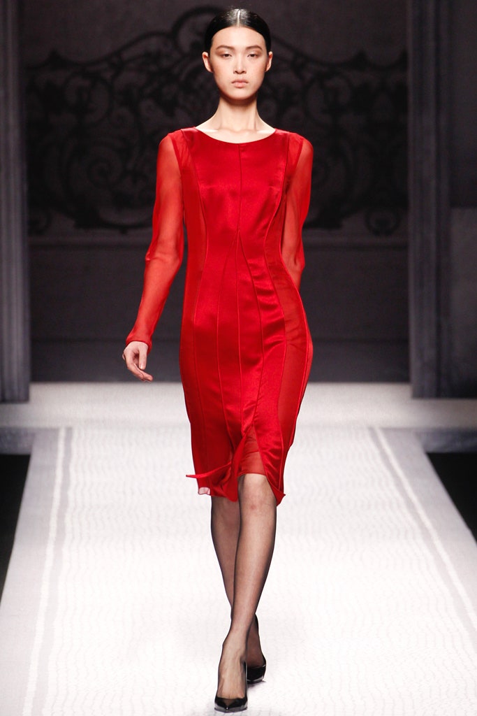 fitted red silk midi dress