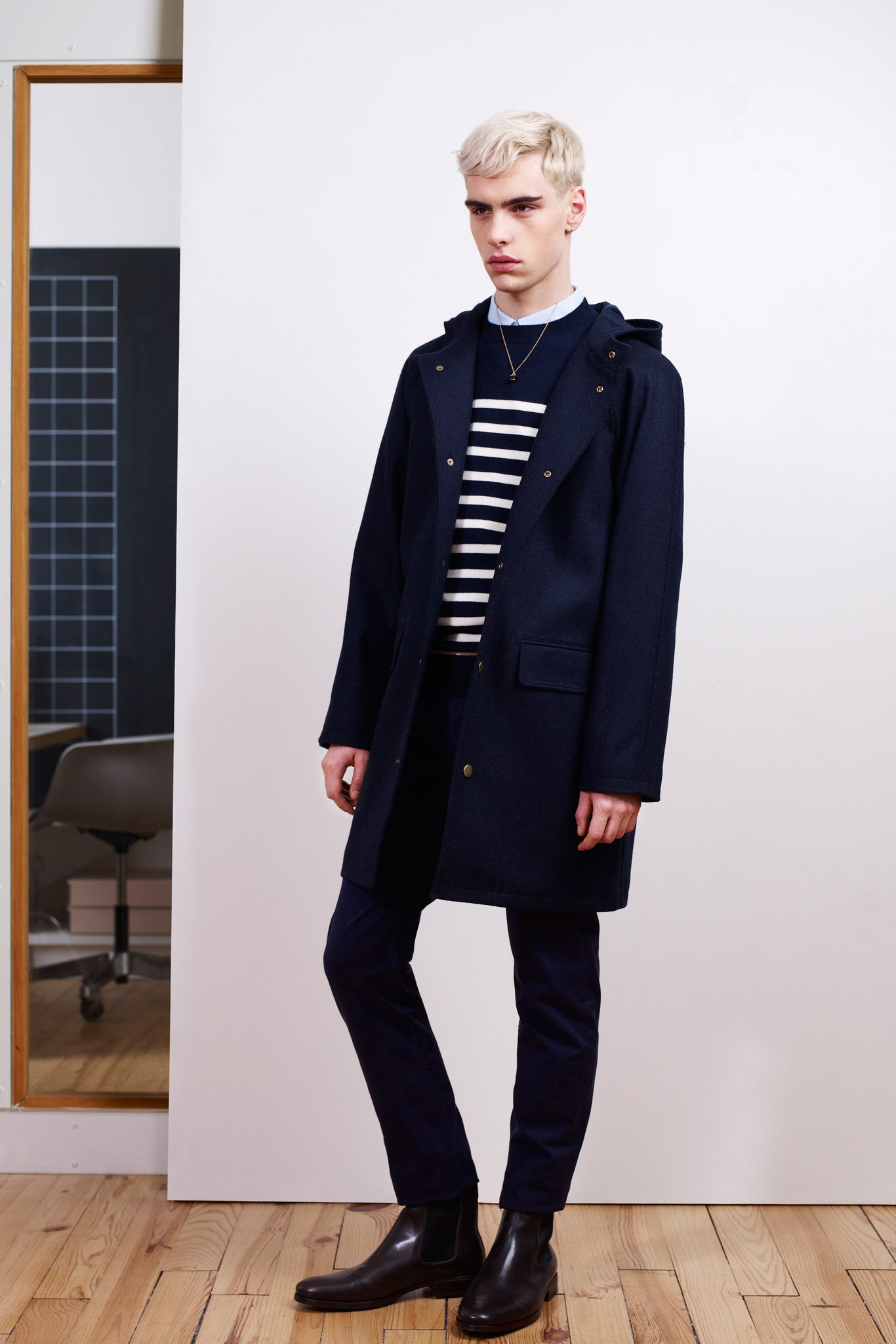 navy wool coat with striped top
