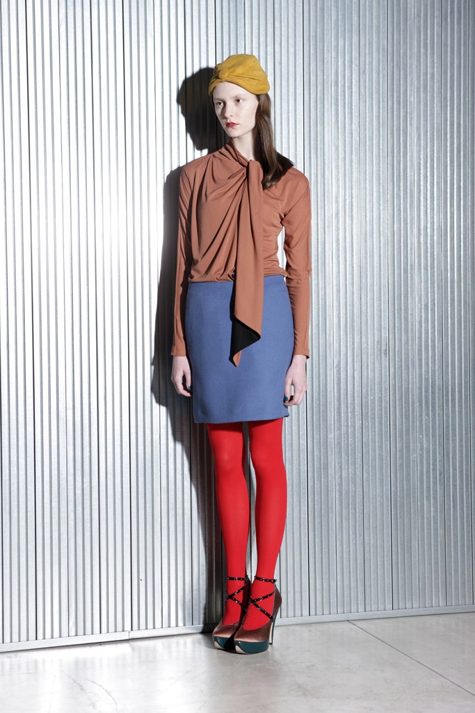 brown cotton long-sleeve collared fitted draped top