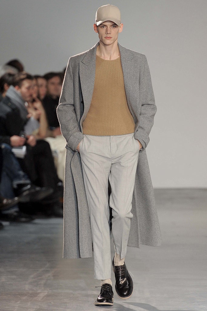 gray wool coat with beige sweater