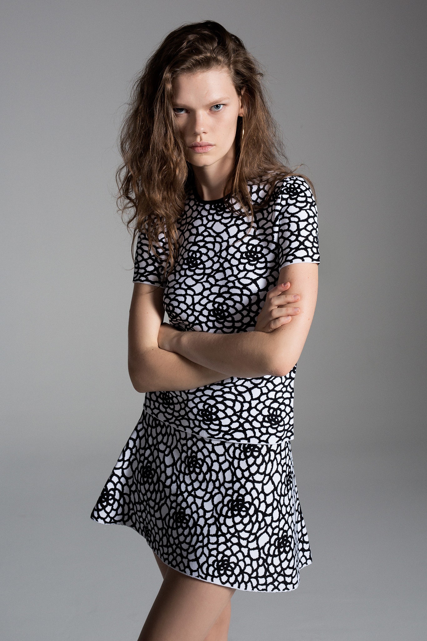 black and white printed top and mini skirt