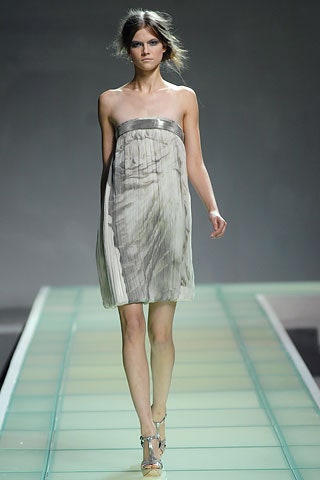 fitted gray silk strapless dress