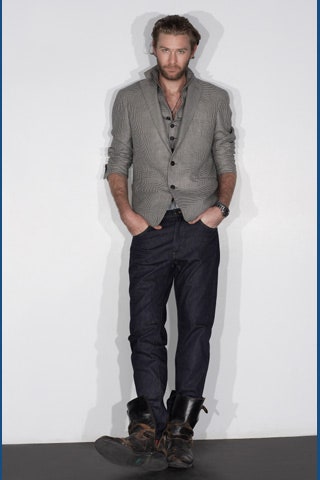 gray tailored blazer with denim pants