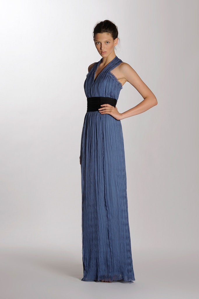 blue pleated sleeveless gown