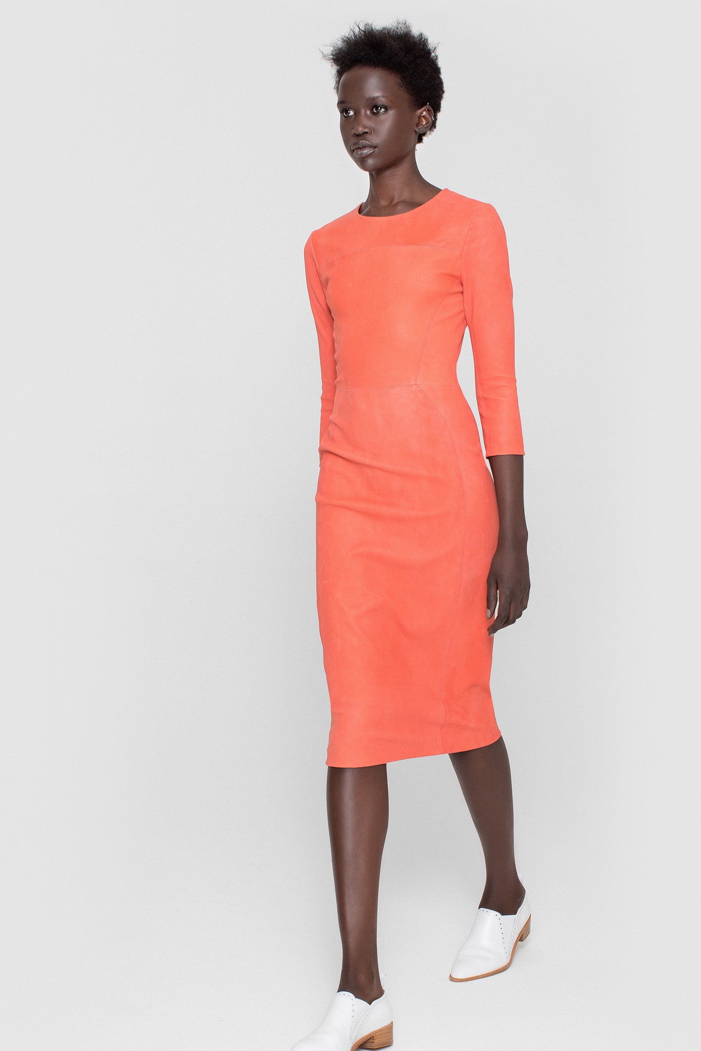 orange suede long-sleeve collared fitted pencil midi dress
