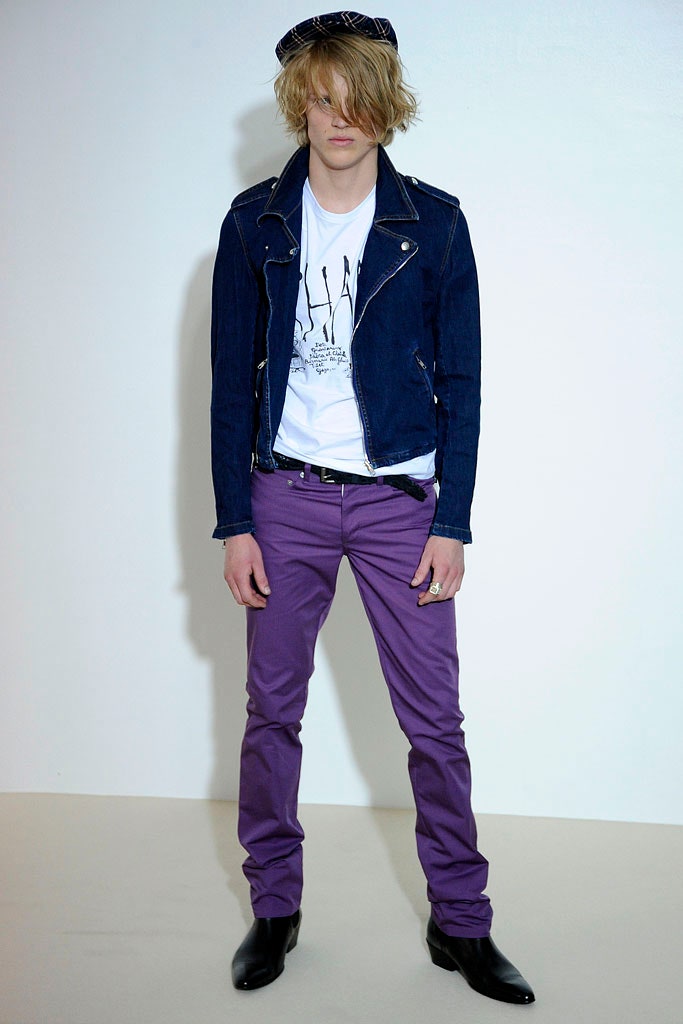 blue denim jacket with purple pants