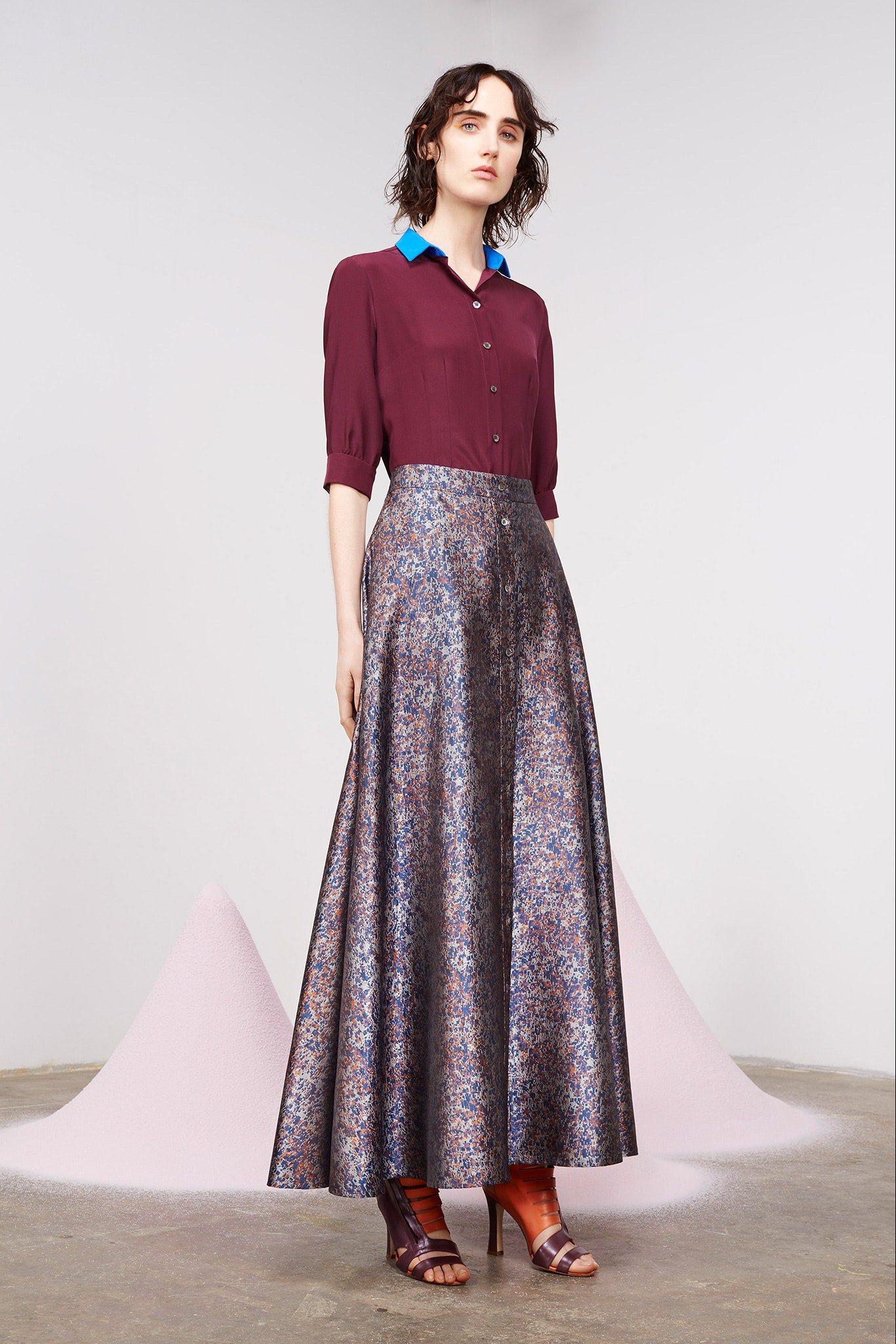 maroon silk short-sleeve collared fitted buttoned shirt