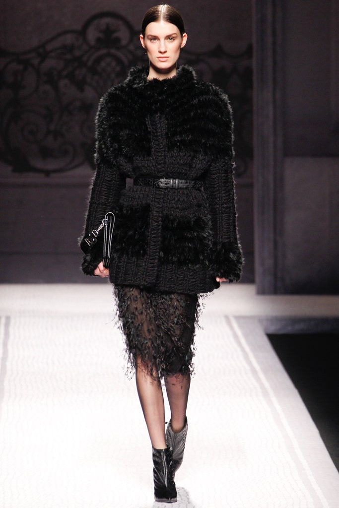 black fur long-sleeve collared fitted belted textured coat
