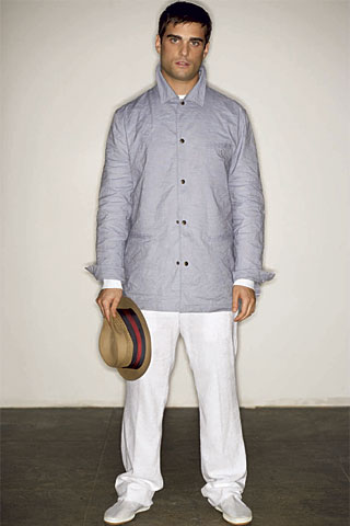 gray relaxed jacket with white pants