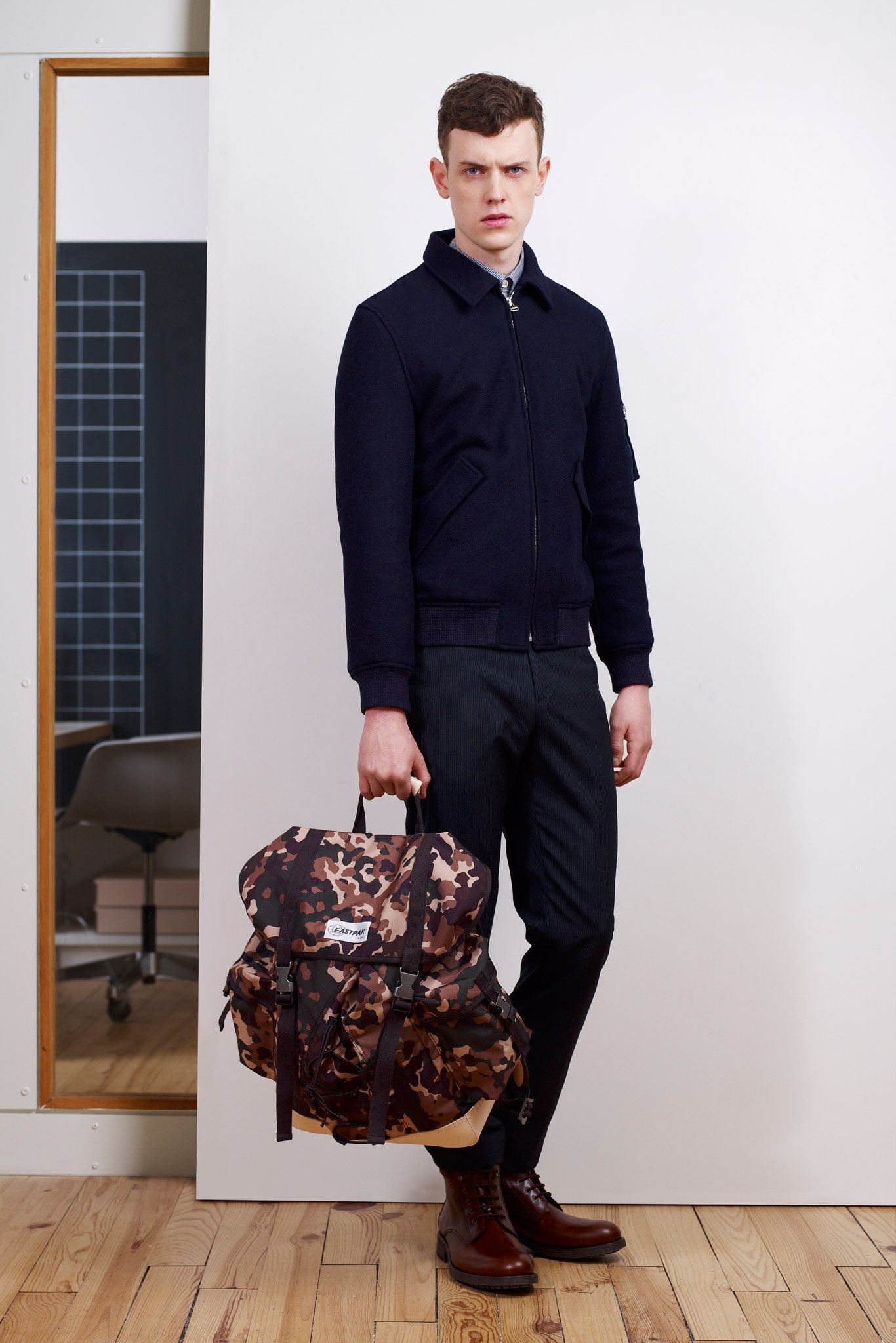 navy jacket black pants
