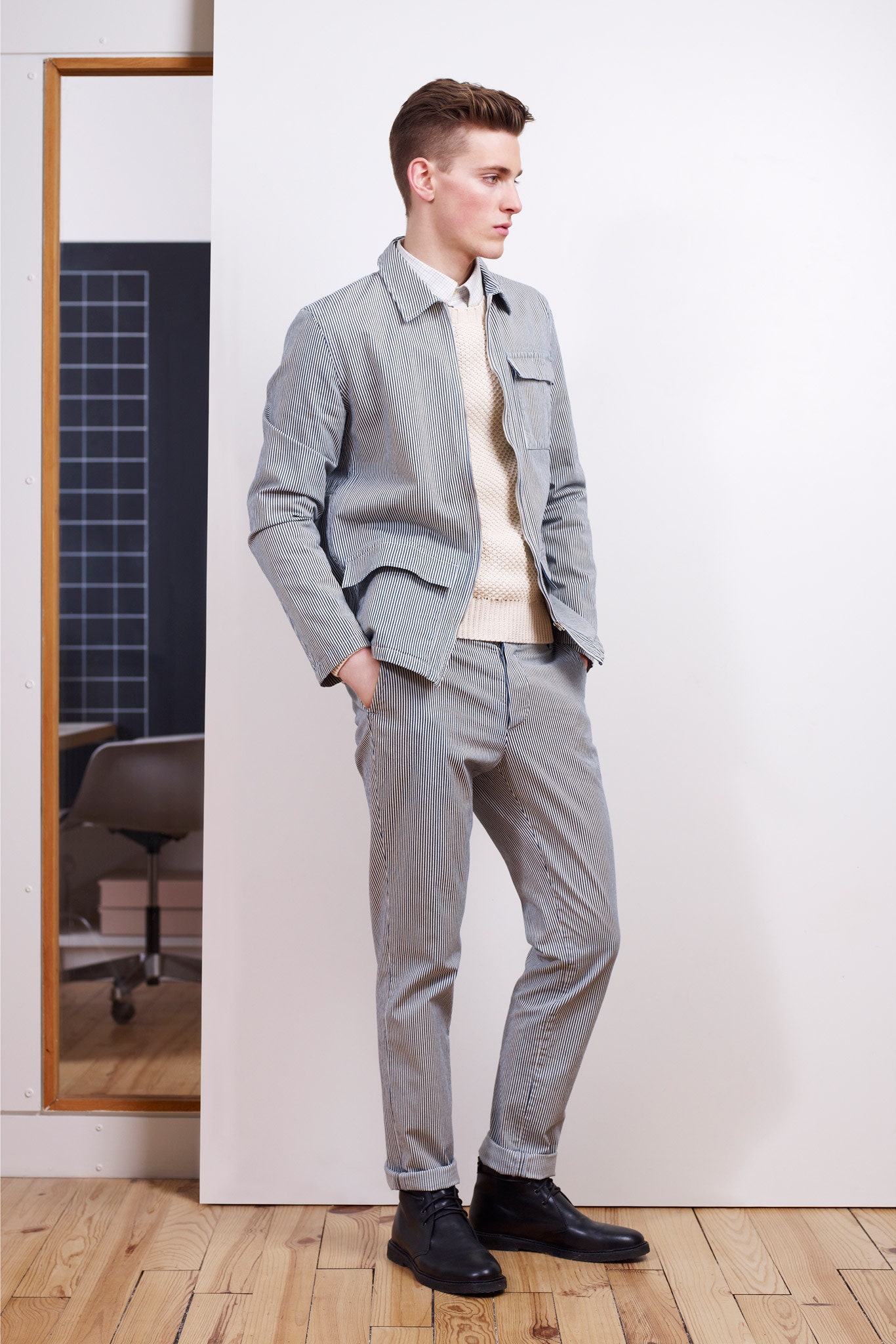 blue cotton long-sleeve collared tailored striped buttoned jacket