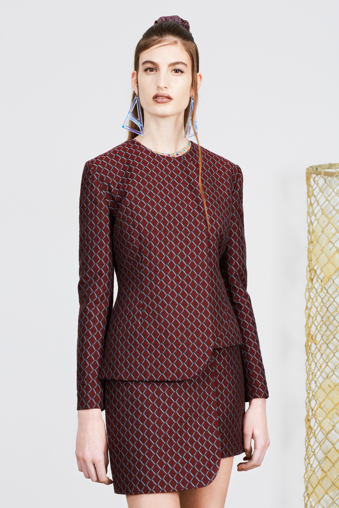 fitted maroon printed top and skirt