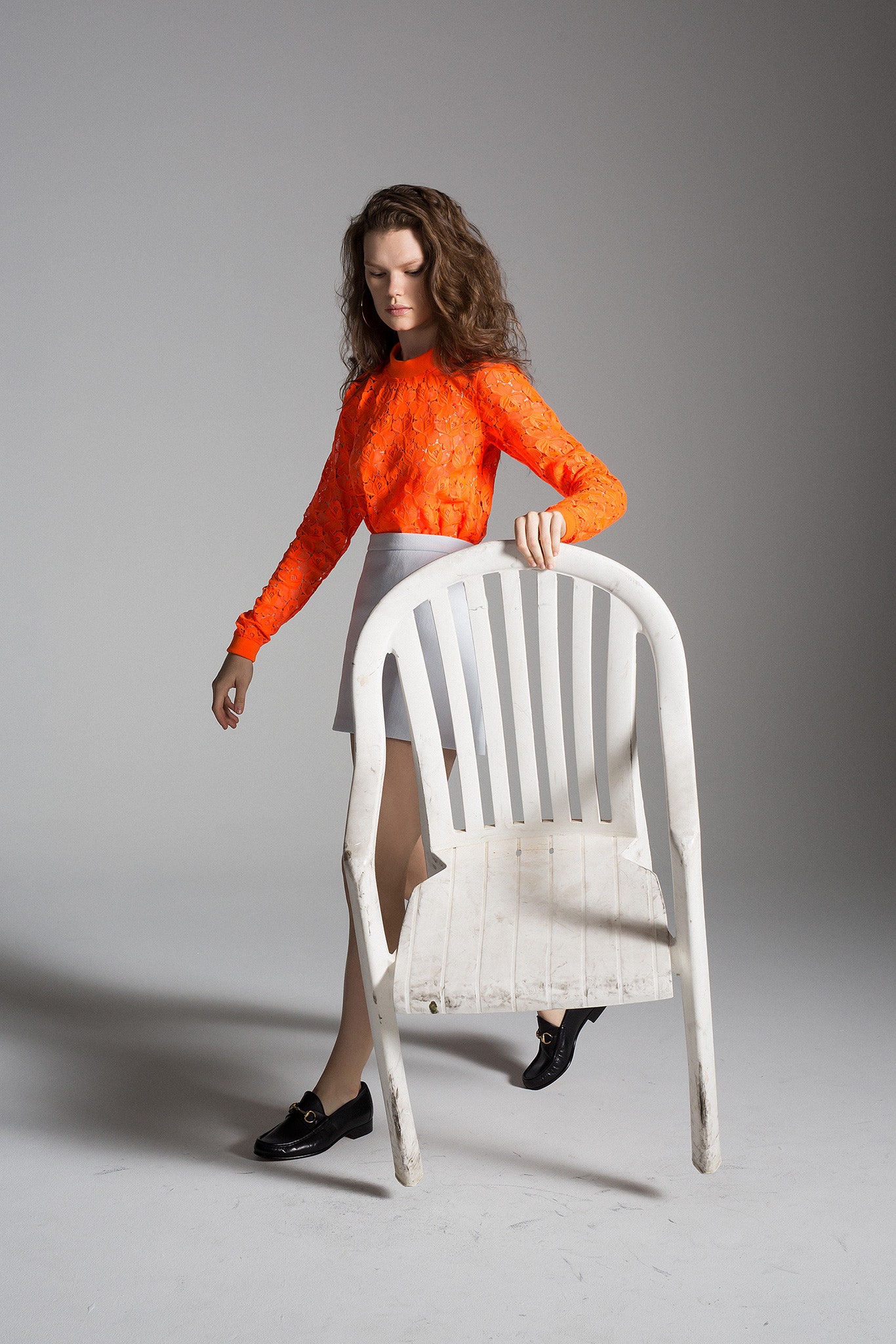 orange lace long-sleeve collared fitted embroidered top