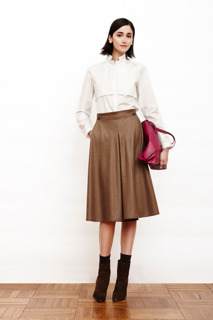 white fitted shirt with brown skirt