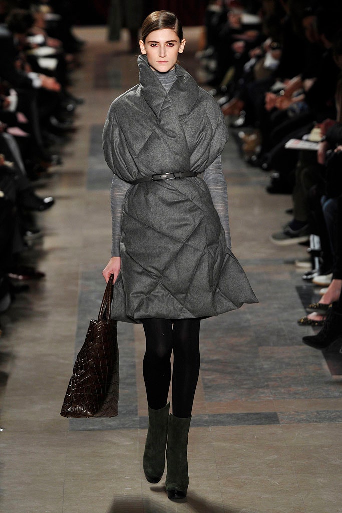 gray wool long-sleeve collared fitted padded belted coat