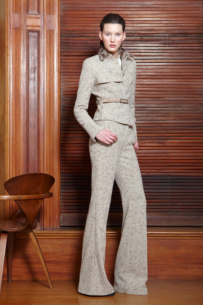 beige tweed tailored suit