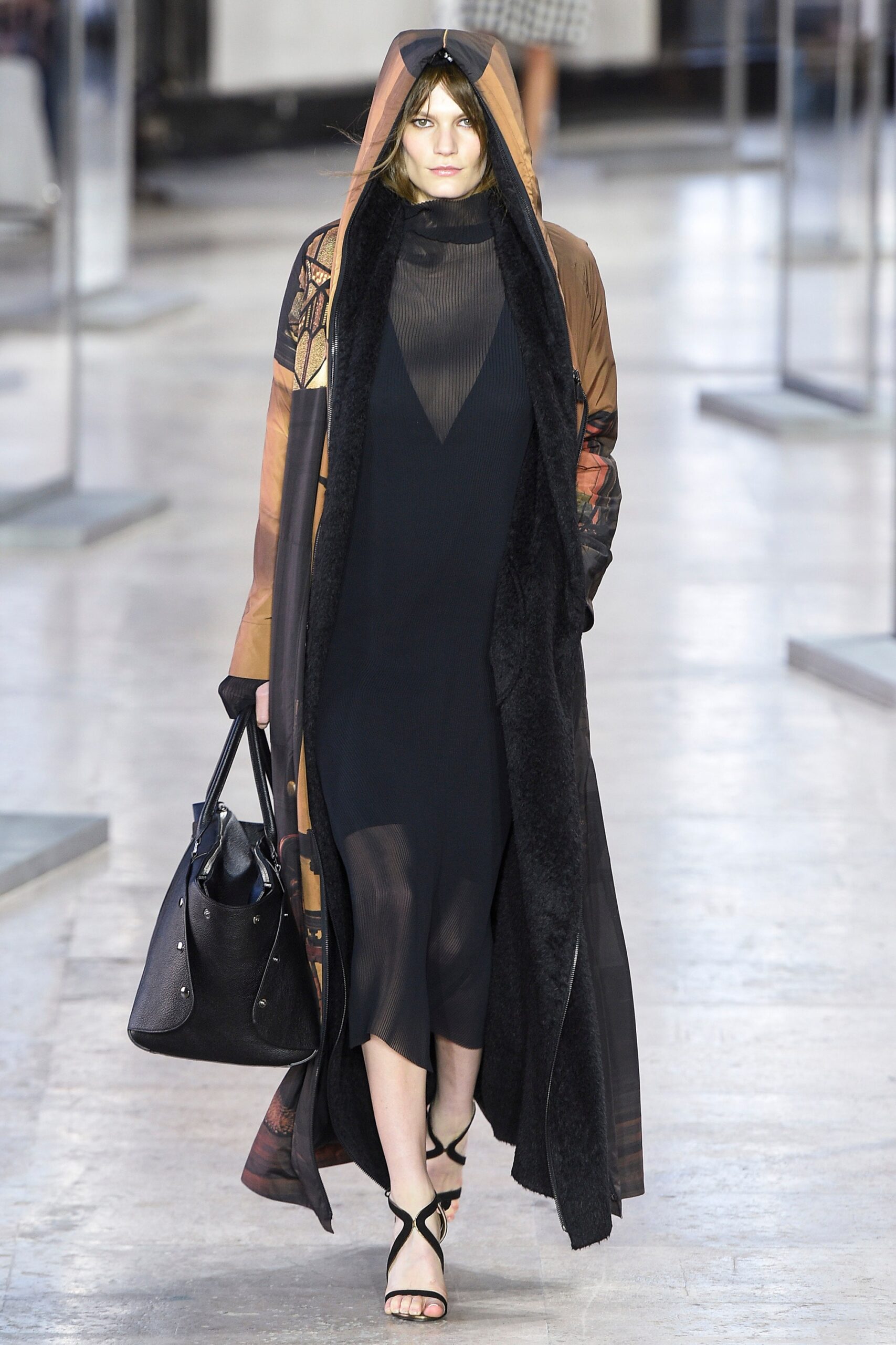 brown silk long-sleeve hooded relaxed layered flowing coat
